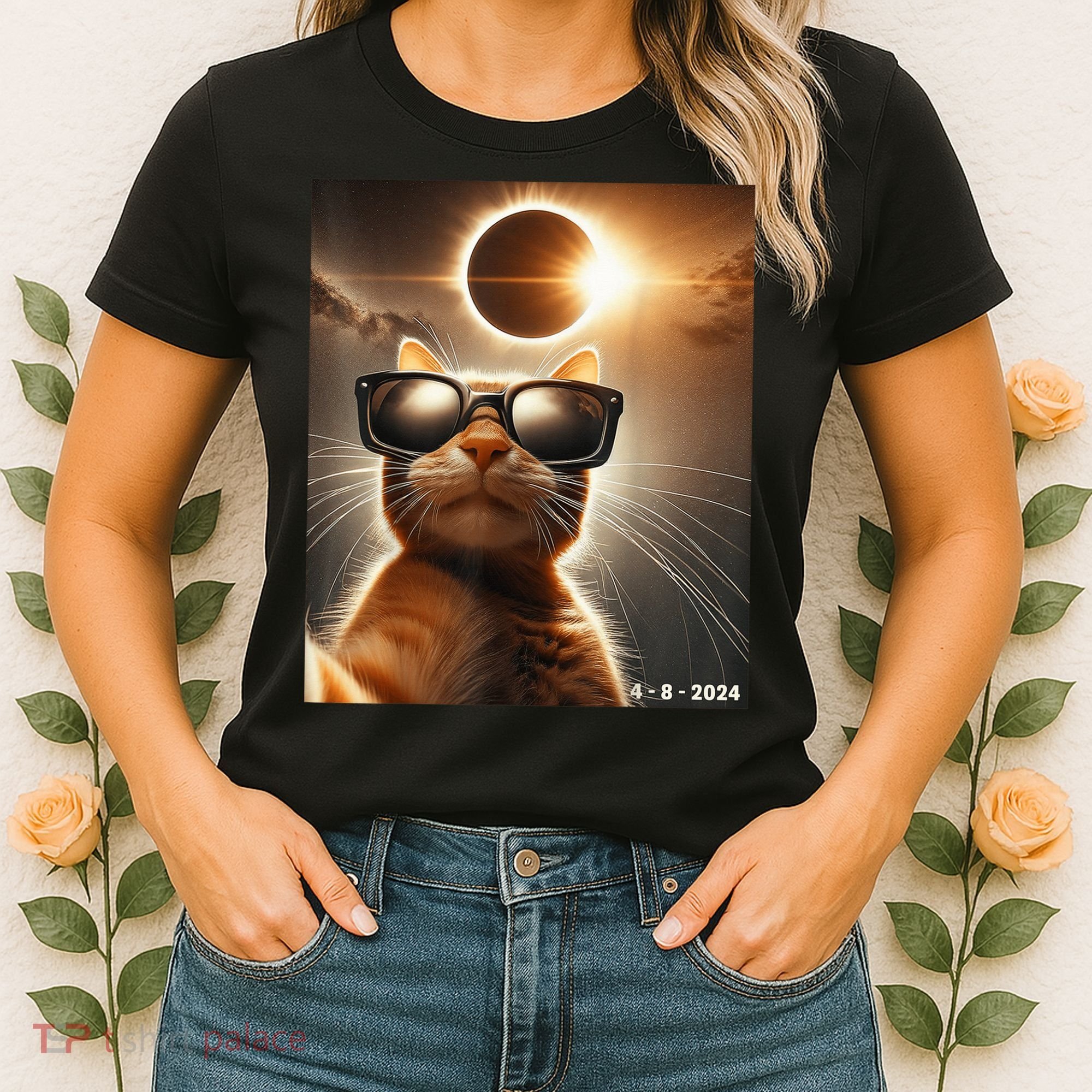 Cat Taking A Selfie With Solar 2024 Eclipse Wearing Glasses Women's T-Shirt