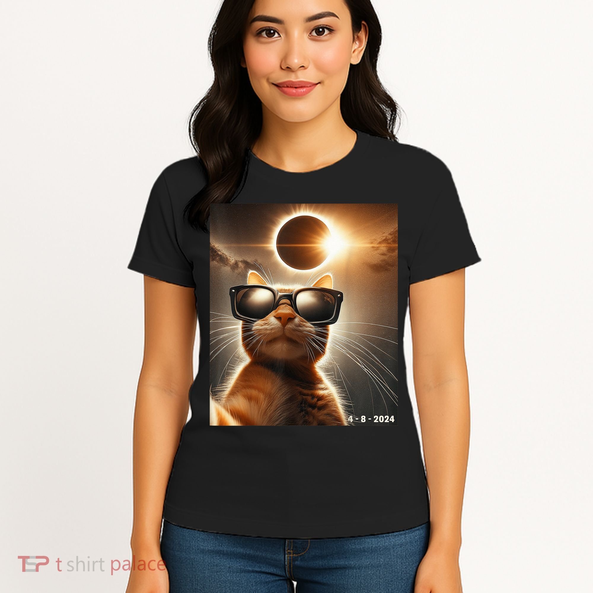 Cat Taking A Selfie With Solar 2024 Eclipse Wearing Glasses Women's T-Shirt