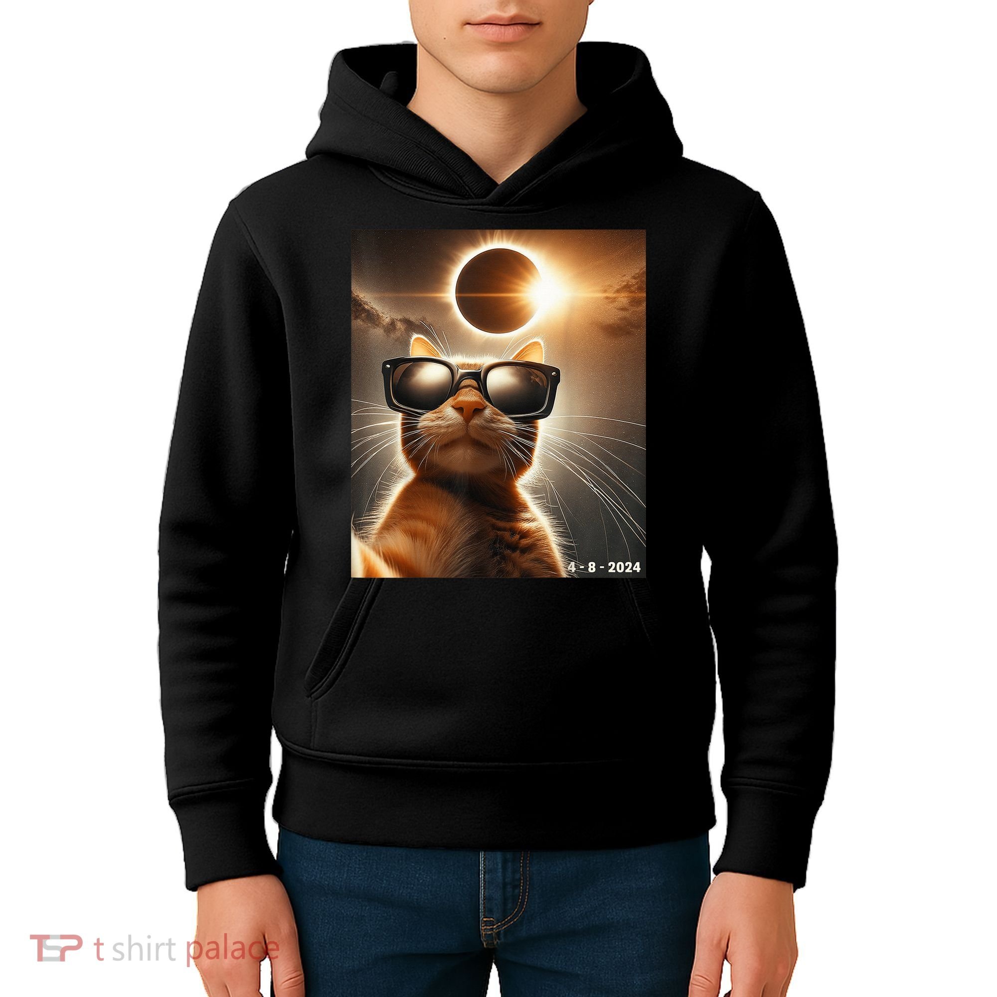 Cat Taking A Selfie With Solar 2024 Eclipse Wearing Glasses Kids Hoodie