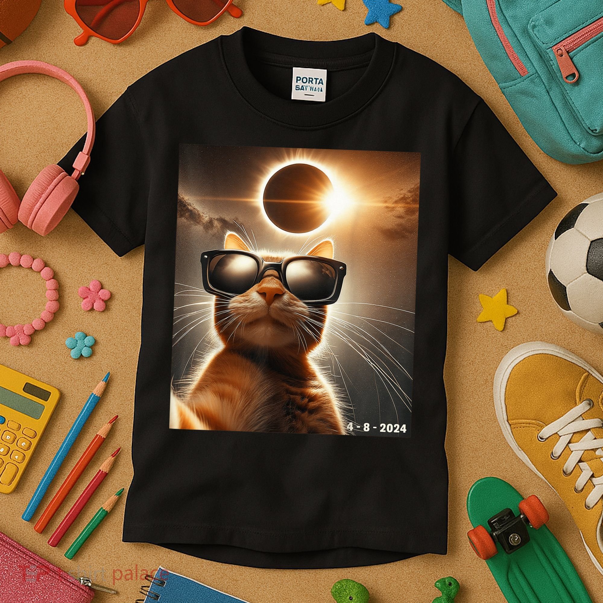 Cat Taking A Selfie With Solar 2024 Eclipse Wearing Glasses Kids T-Shirt