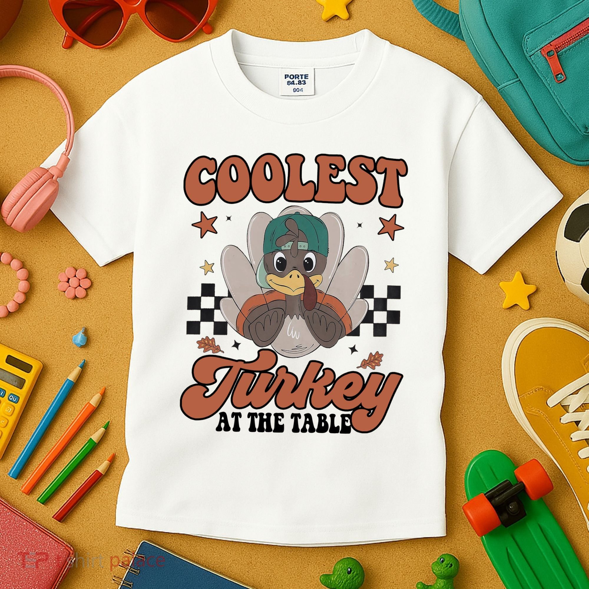 Coolest Turkey At The Table Thanksgiving Coolest Turkey Boy Kids T-Shirt