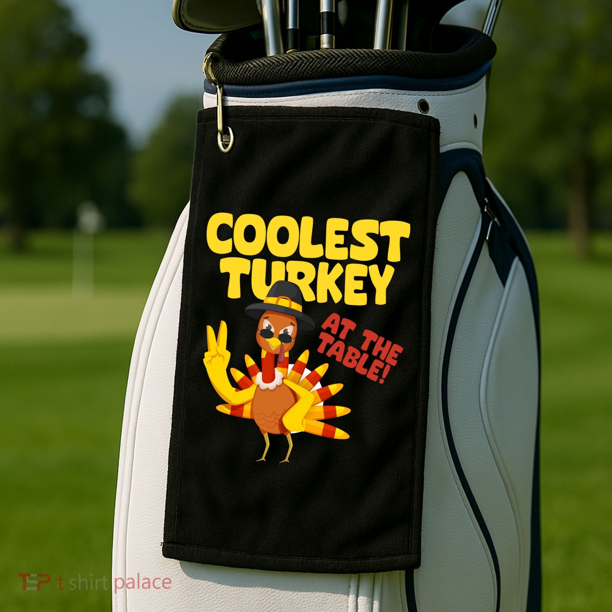 Coolest Turkey At The Table Thanksgiving Funny Golf Towel