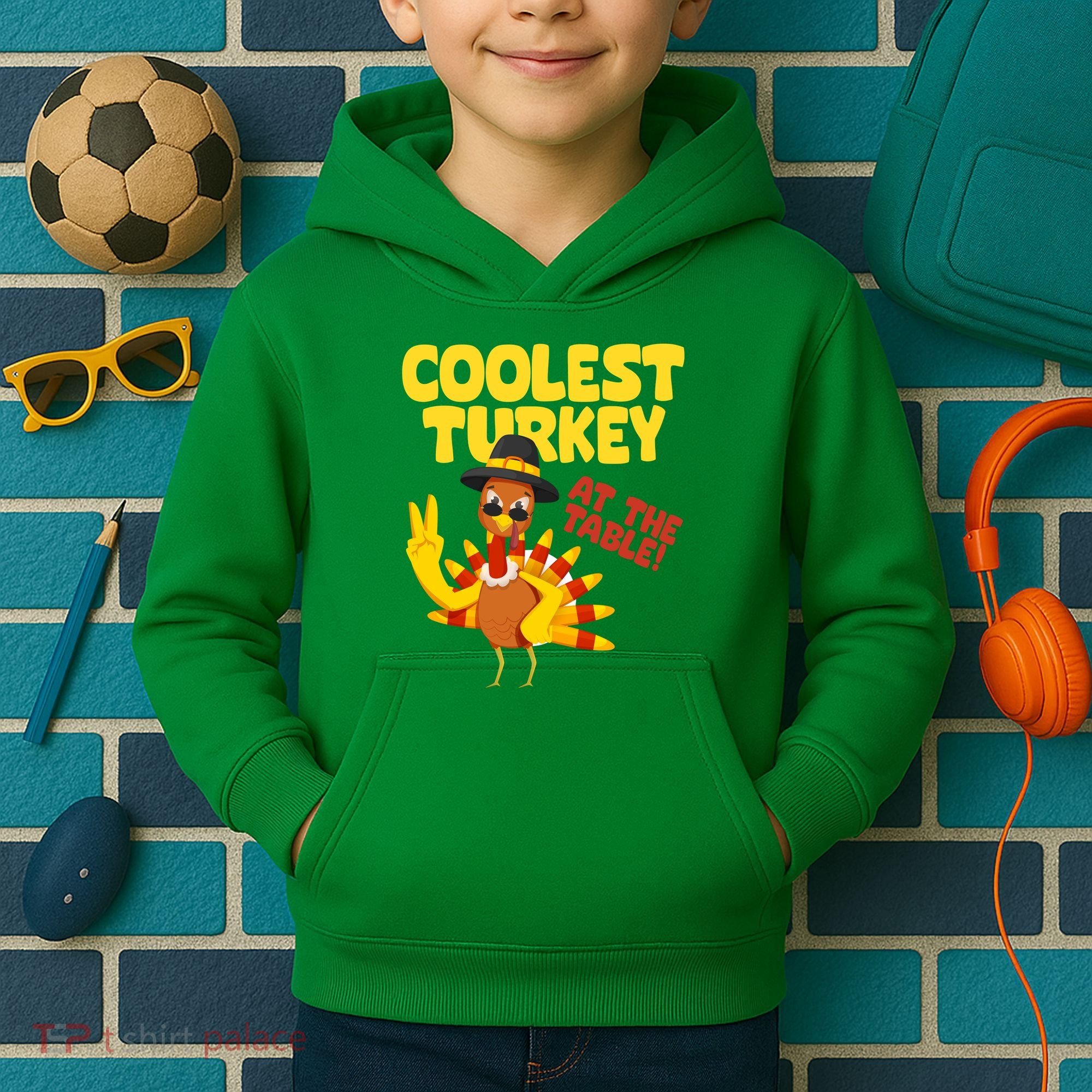 Coolest Turkey At The Table Thanksgiving Funny Kids Hoodie