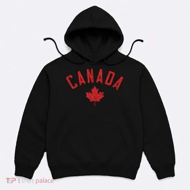 Canada Text And Leaf Distressed Red Print Hoodie