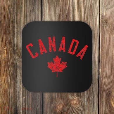 Canada Text And Leaf Distressed Red Print Coaster