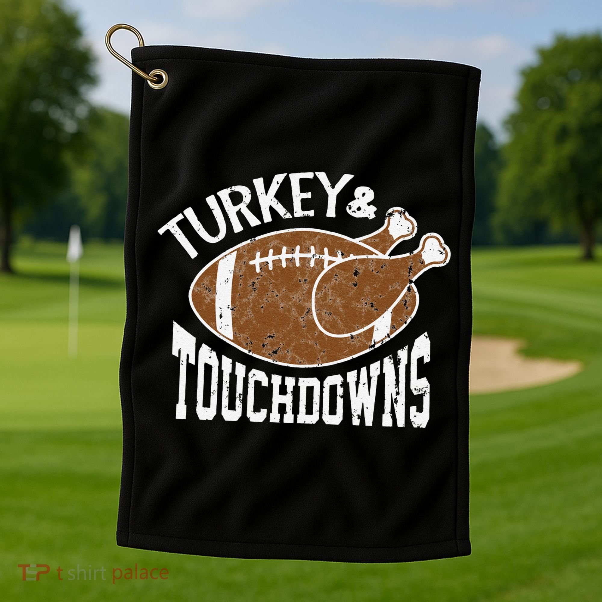 Cute Turkey And Touchdowns Funny Thanksgiving Football Golf Towel