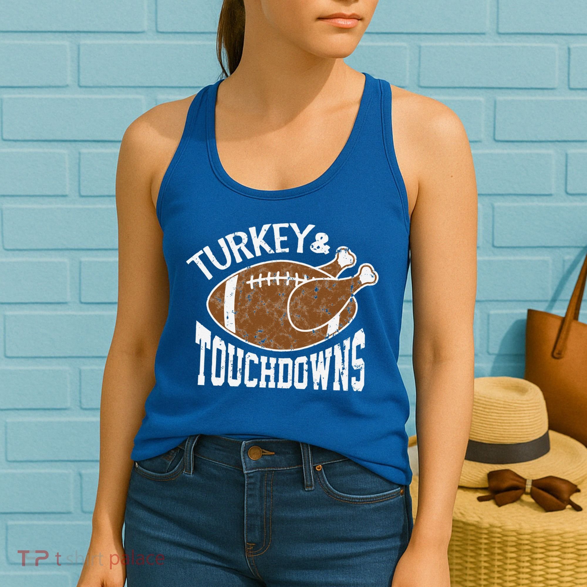 Cute Turkey And Touchdowns Funny Thanksgiving Football Women's Tank Top
