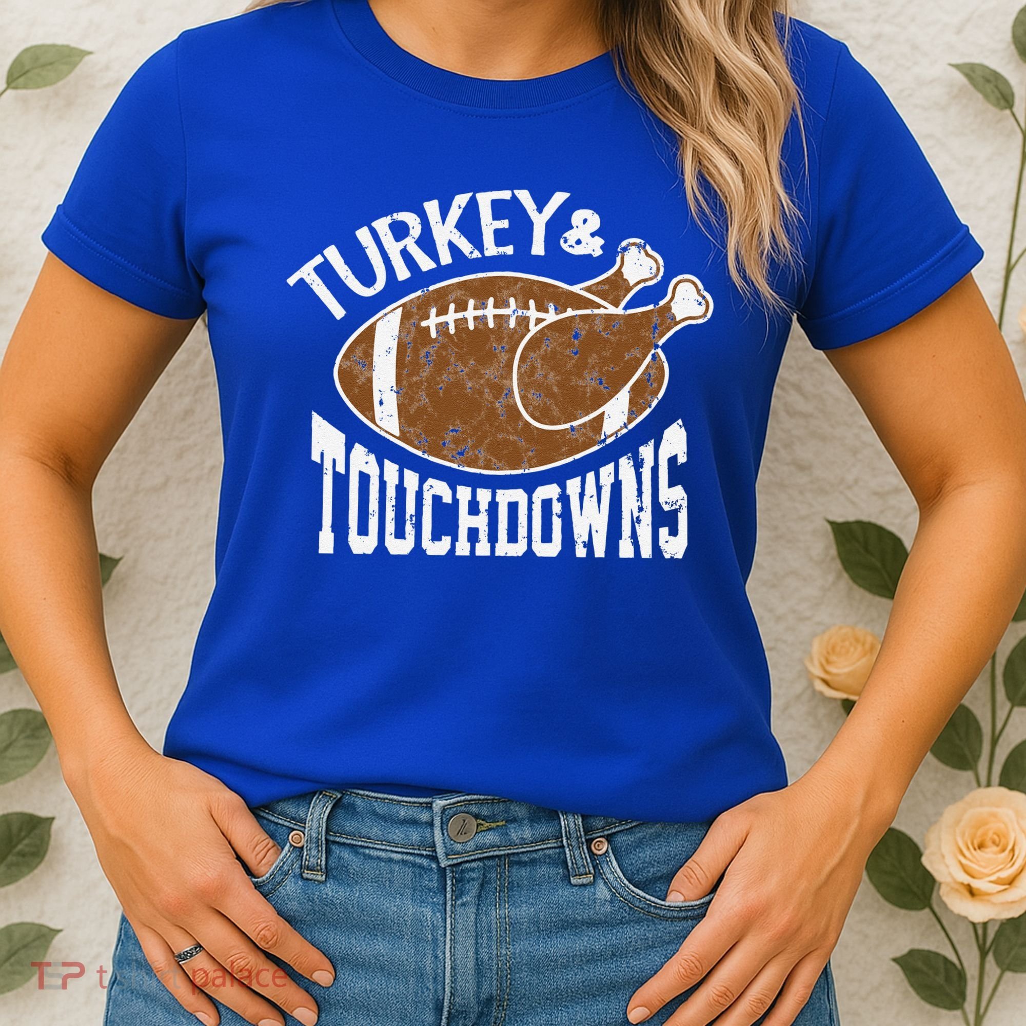 Cute Turkey And Touchdowns Funny Thanksgiving Football Women's T-Shirt
