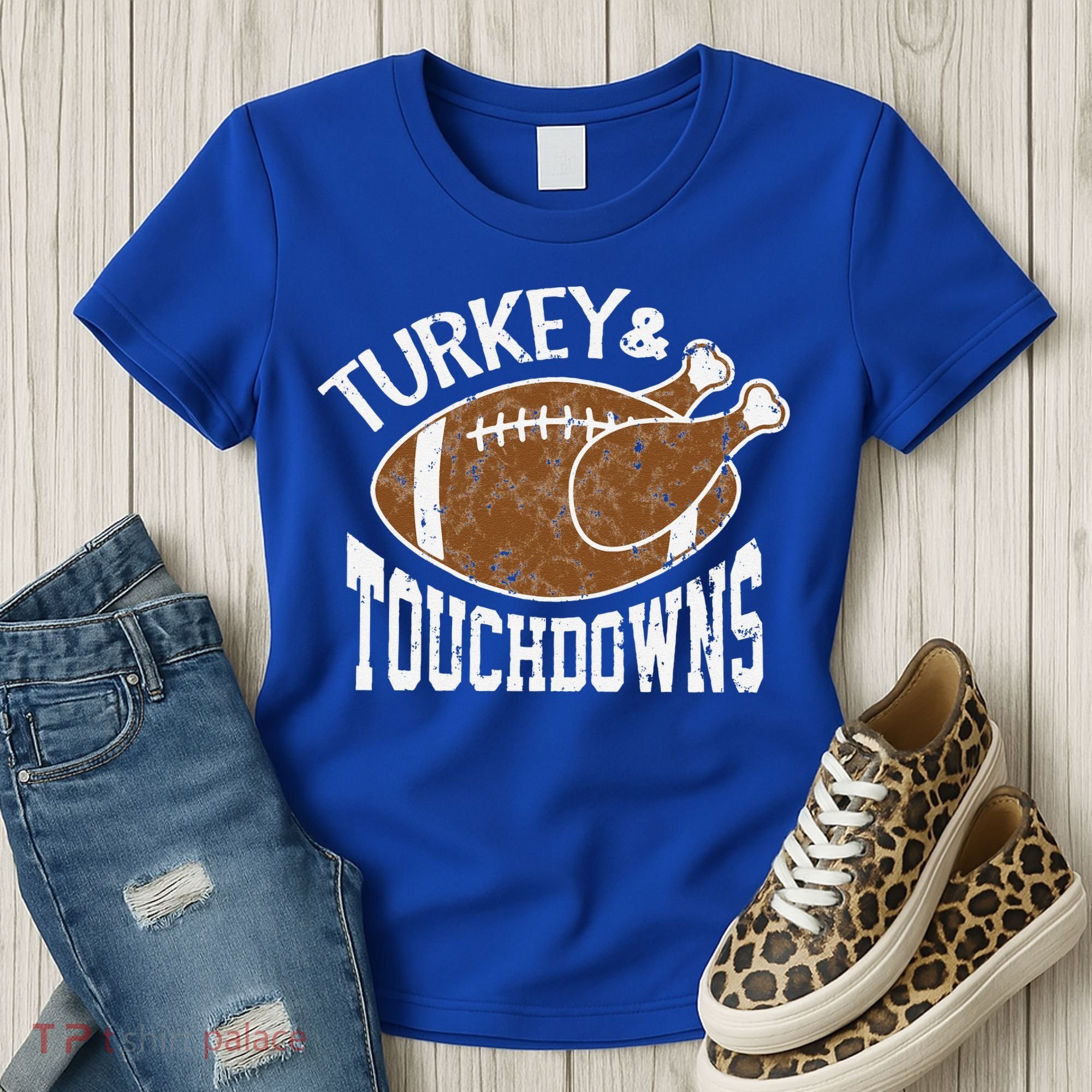 Cute Turkey And Touchdowns Funny Thanksgiving Football Women's T-Shirt