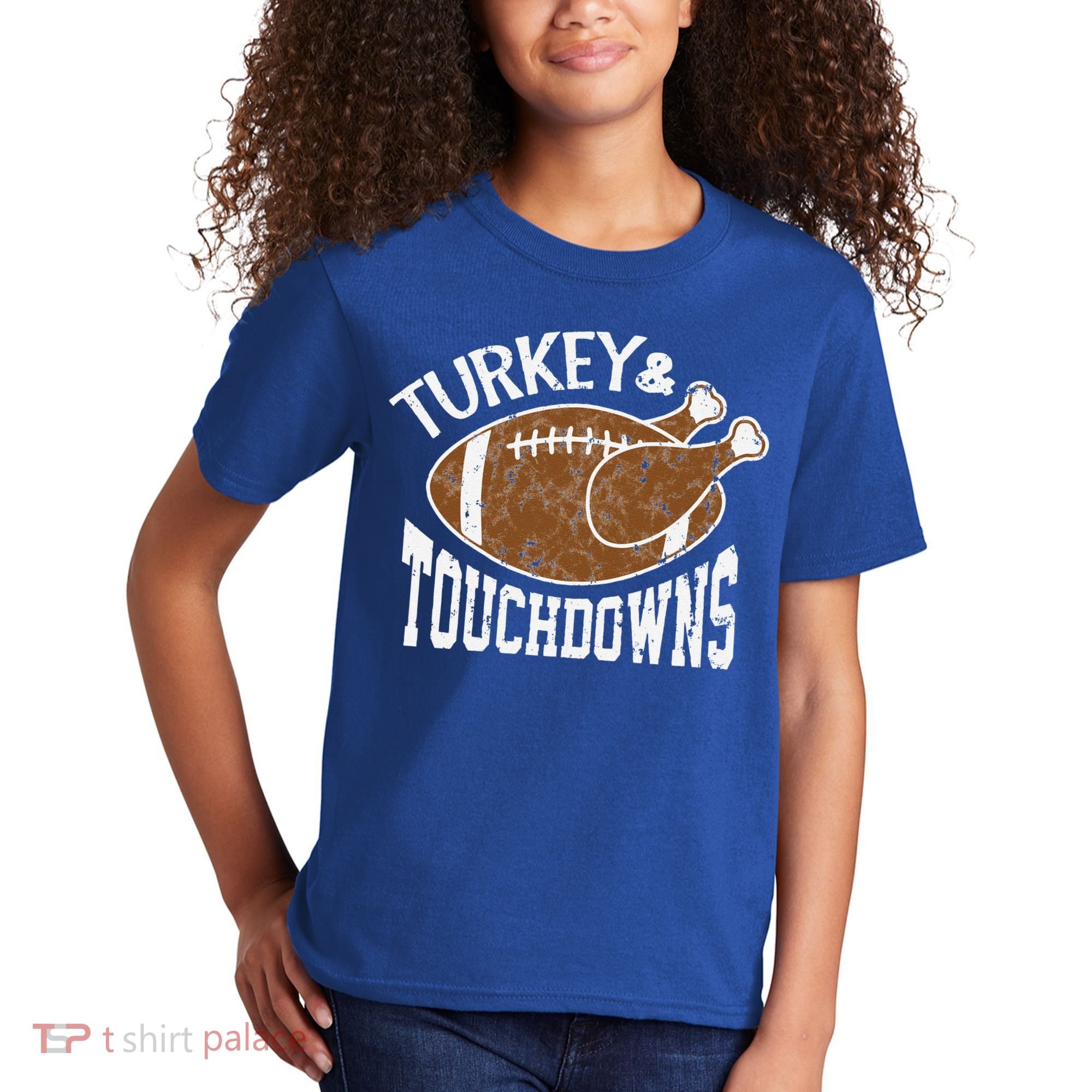 Cute Turkey And Touchdowns Funny Thanksgiving Football Kids T-Shirt