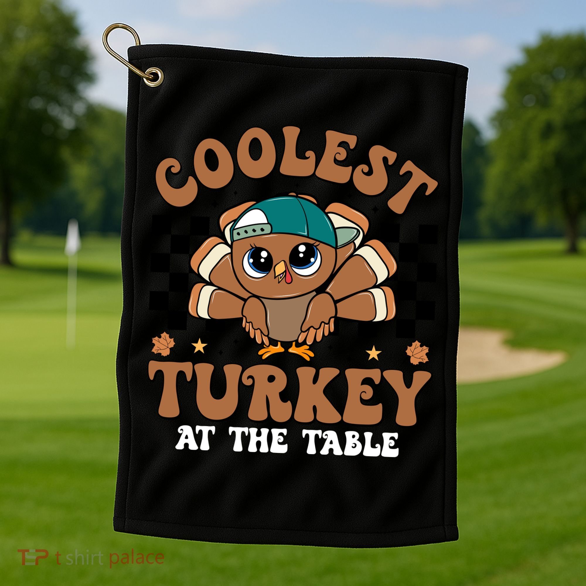 Coolest Turkey At The Table Retro Cute Thanksgiving Golf Towel