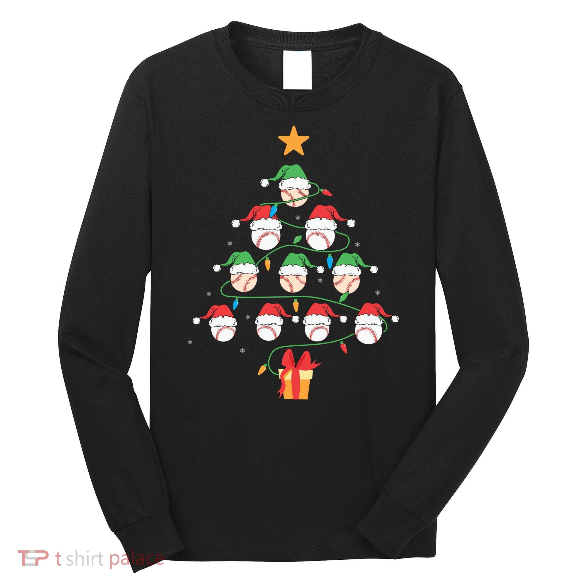 Christmas Baseball Tree Light Funny Xmas Sport Holiday Long Sleeve Shirt
