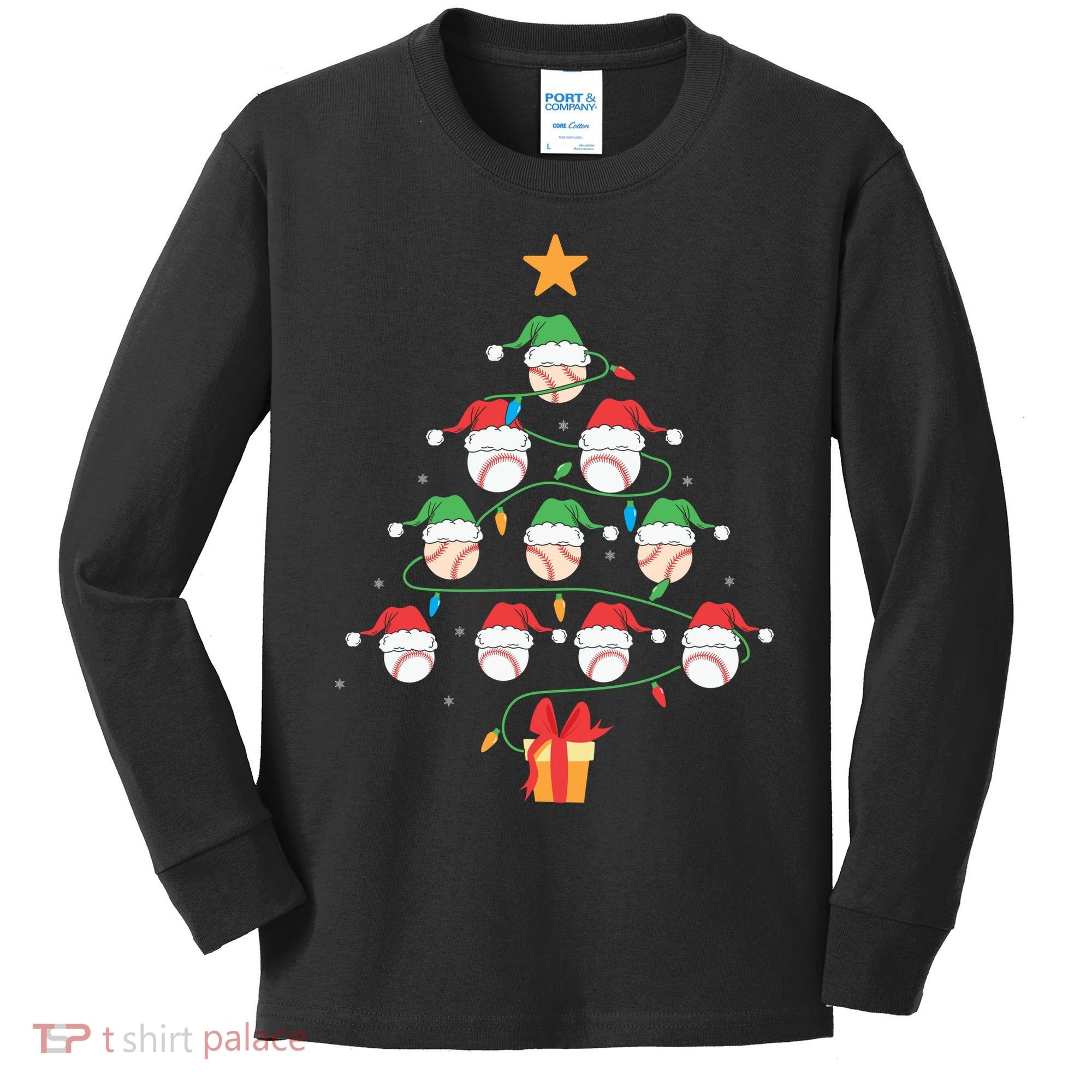 Christmas Baseball Tree Light Funny Xmas Sport Holiday Kids Long Sleeve Shirt