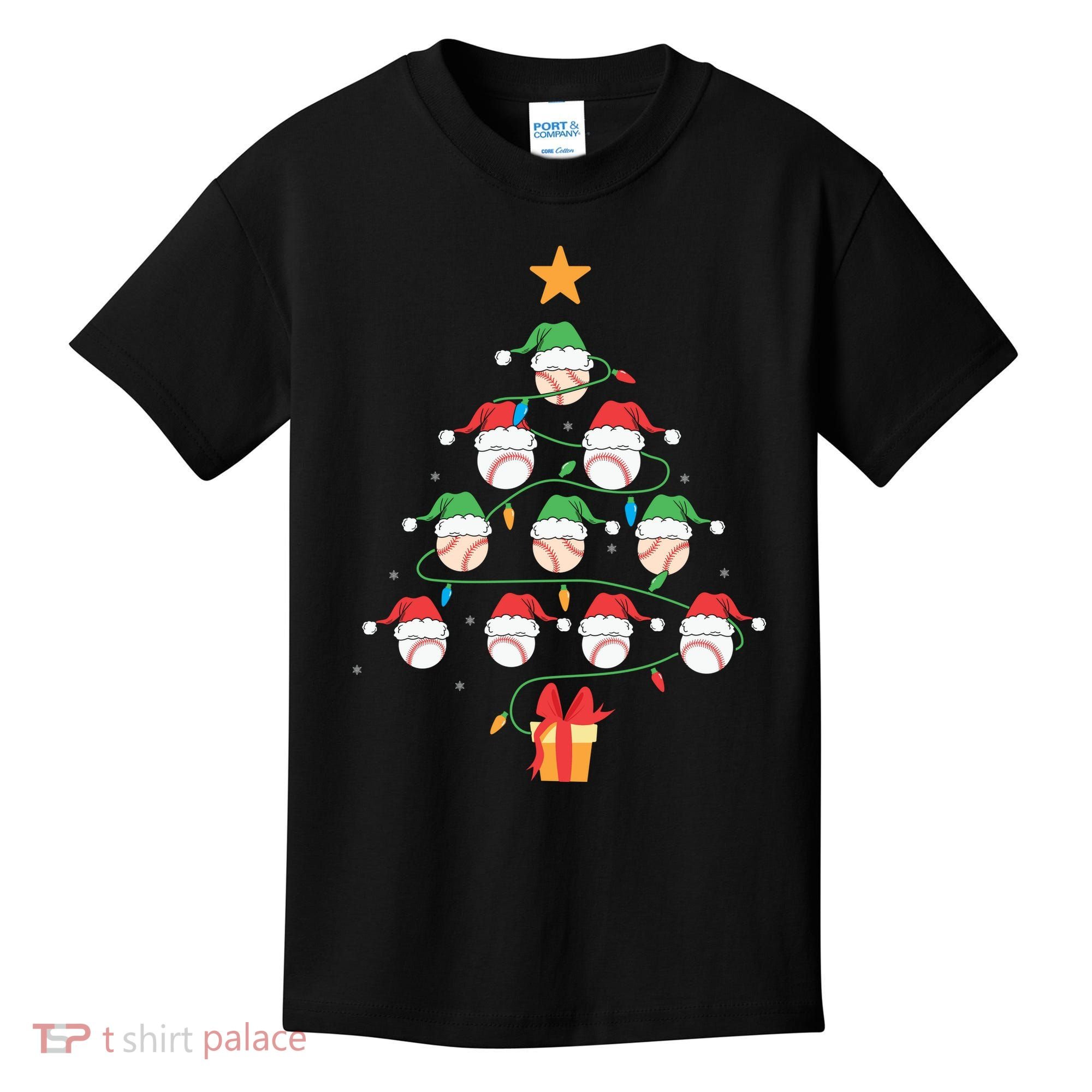 Christmas Baseball Tree Light Funny Xmas Sport Holiday Kids T-Shirt
