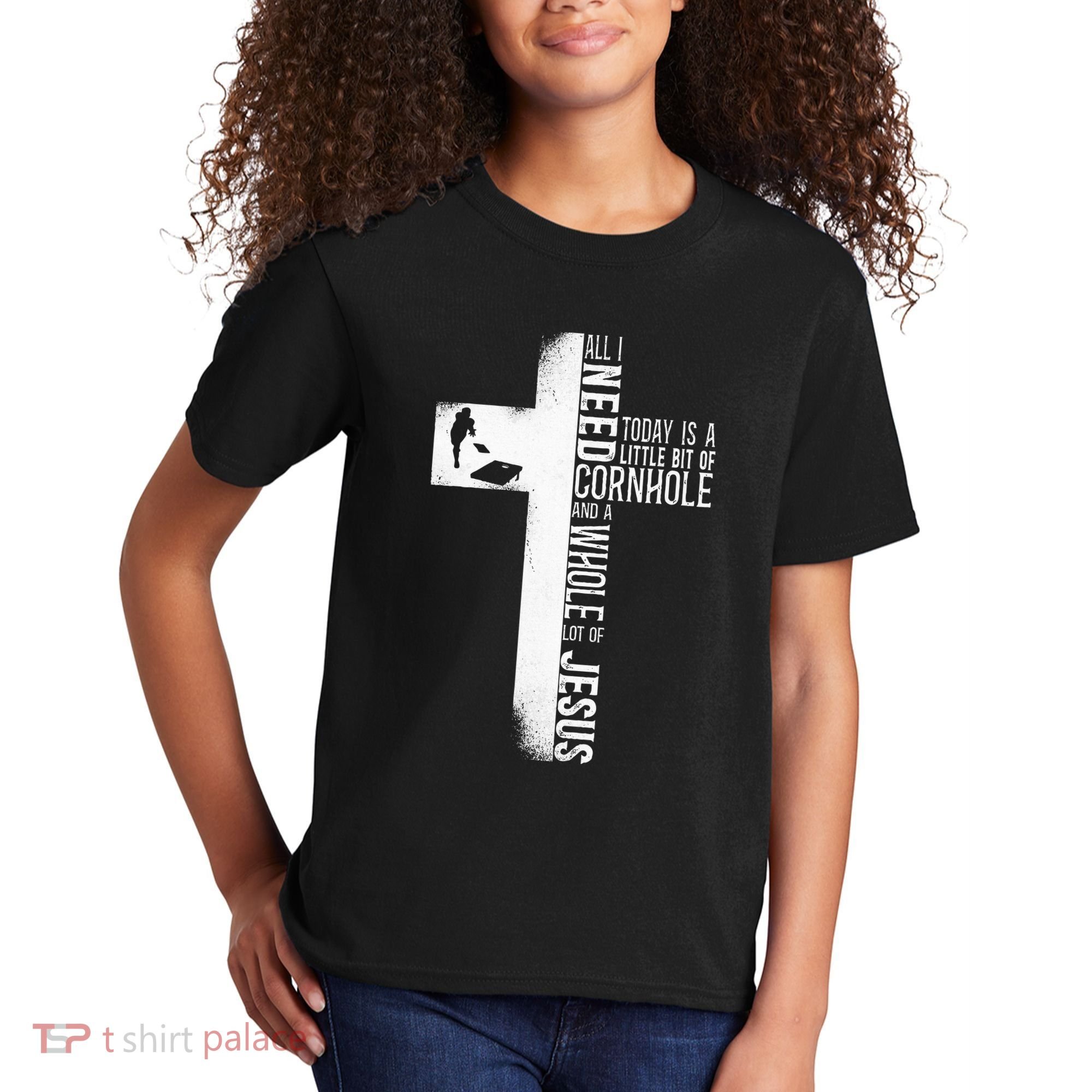 Cornhole Team Bean Bag Player Champ Cross Faith Jesus Kids T-Shirt