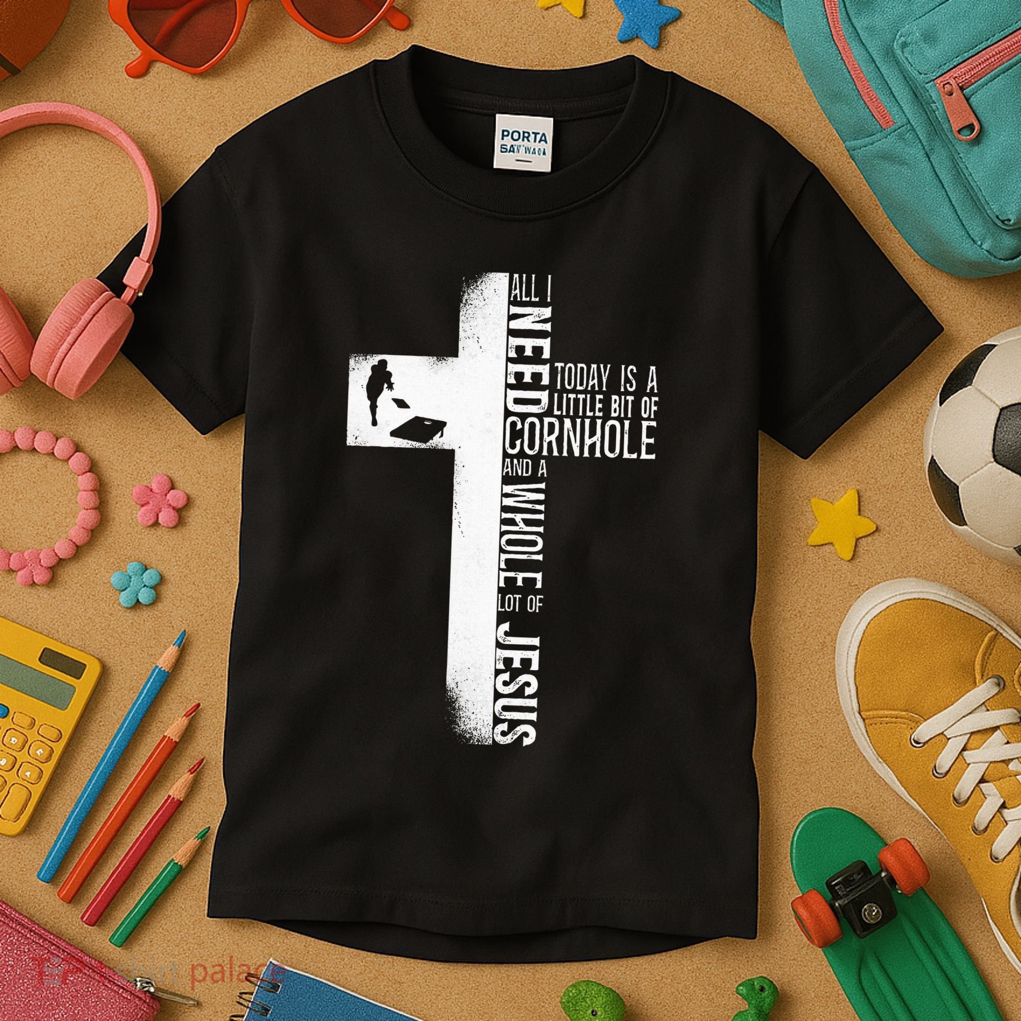 Cornhole Team Bean Bag Player Champ Cross Faith Jesus Kids T-Shirt