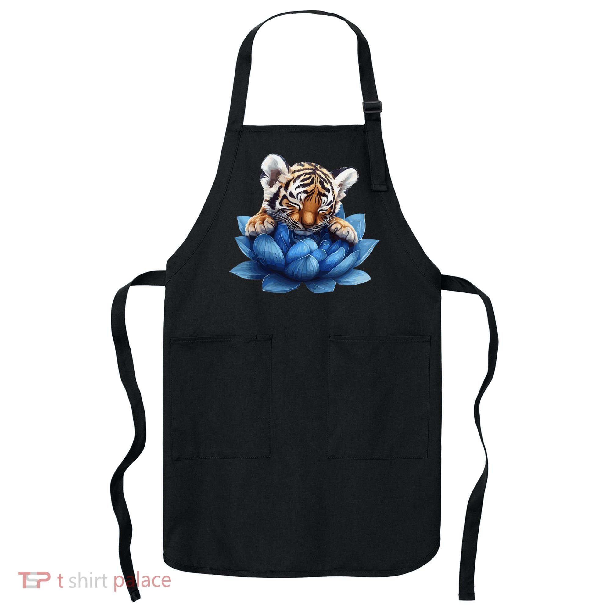 Cute Tiger Cub Blue Lotus Nature Tranquility Apron