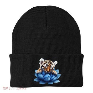 Cute Tiger Cub Blue Lotus Nature Tranquility Beanie