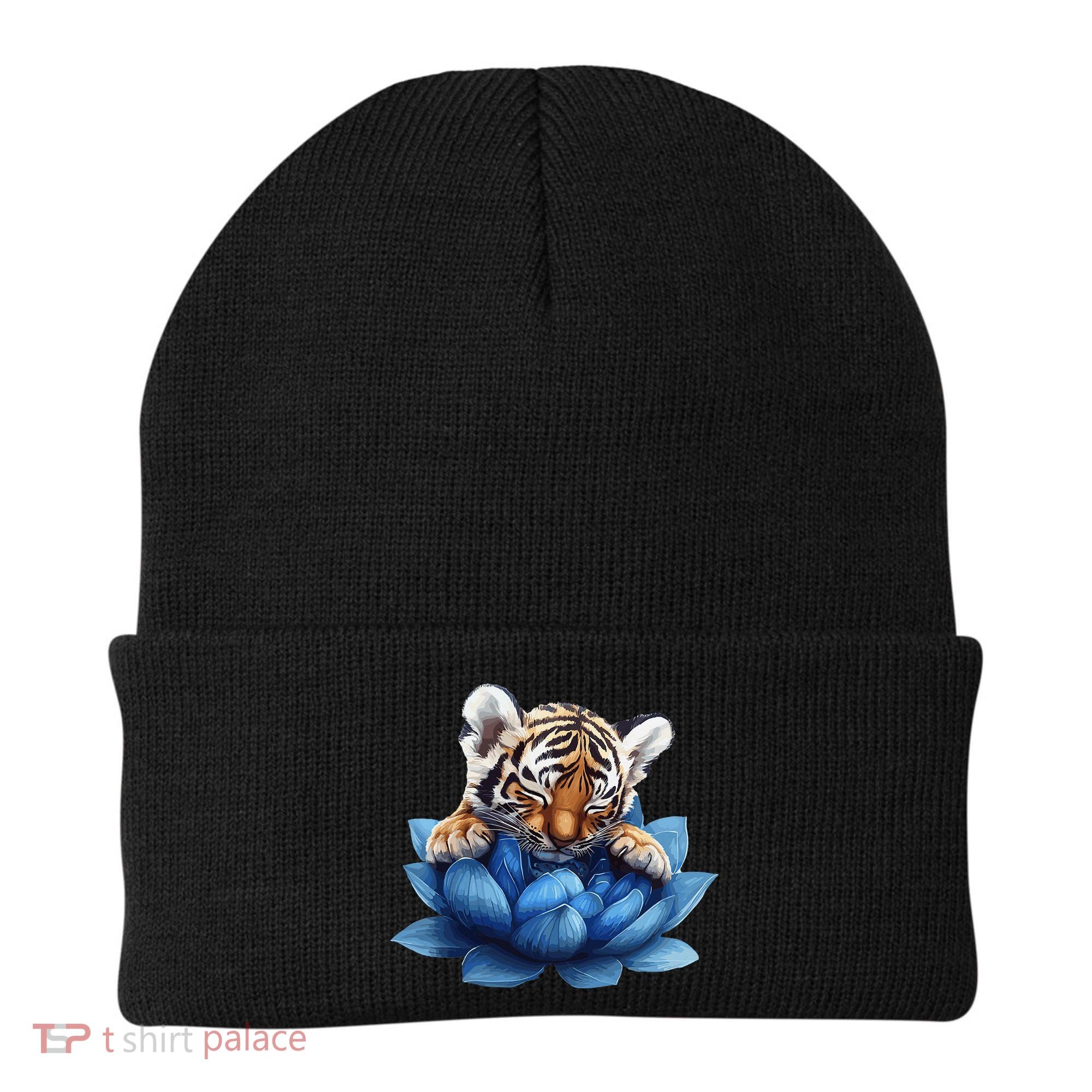 Cute Tiger Cub Blue Lotus Nature Tranquility Beanie