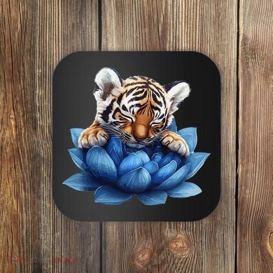 Cute Tiger Cub Blue Lotus Nature Tranquility Coaster