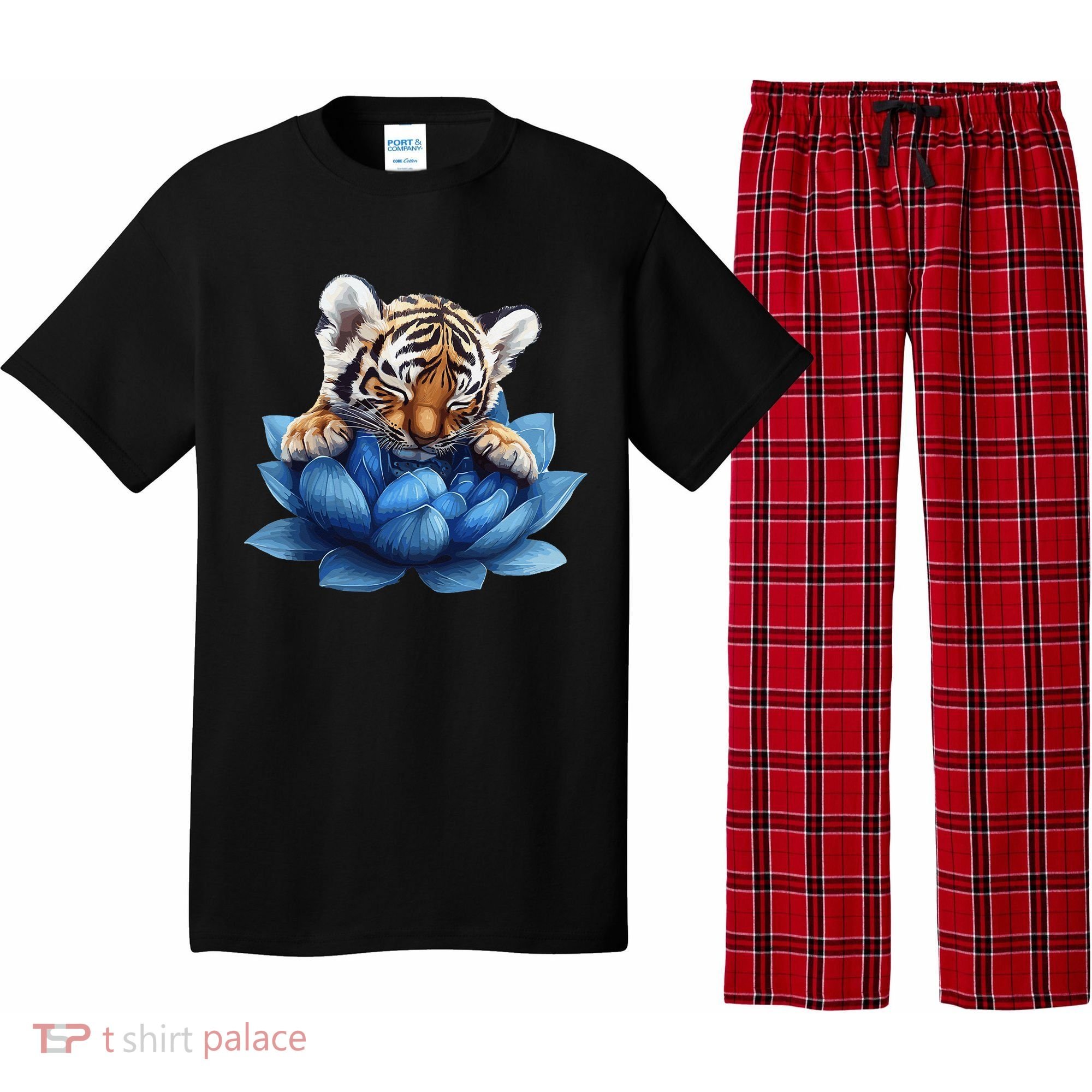Cute Tiger Cub Blue Lotus Nature Tranquility Pajama Set