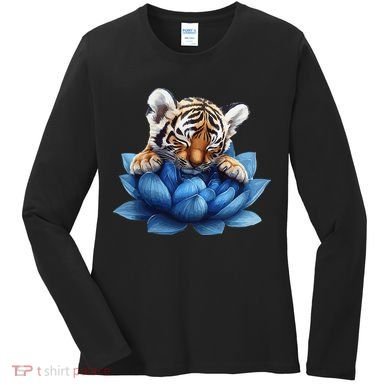 Cute Tiger Cub Blue Lotus Nature Tranquility Women's Long Sleeve Shirt