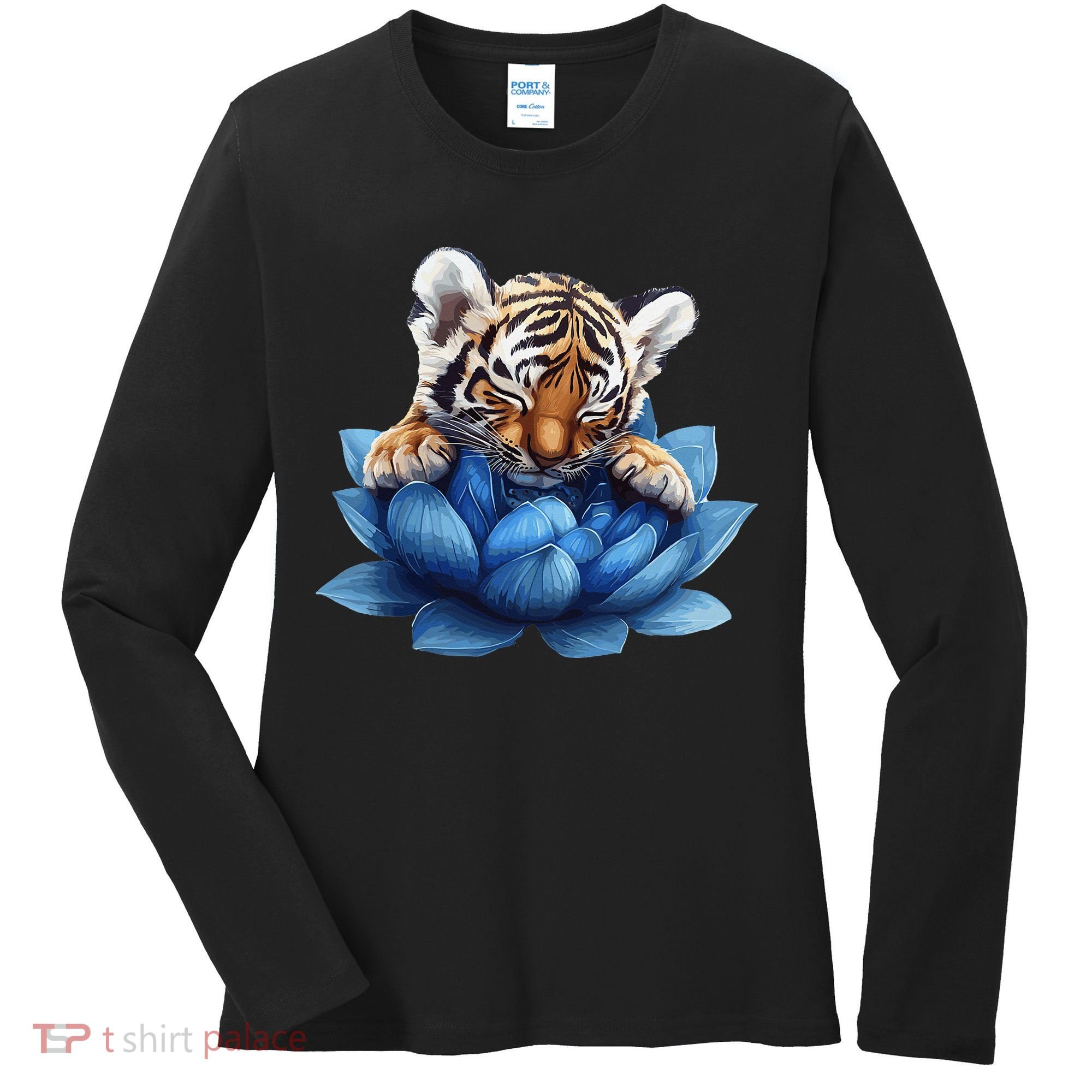 Cute Tiger Cub Blue Lotus Nature Tranquility Women's Long Sleeve Shirt