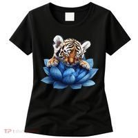 Cute Tiger Cub Blue Lotus Nature Tranquility Women's T-Shirt thumb 0