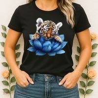 Cute Tiger Cub Blue Lotus Nature Tranquility Women's T-Shirt thumb 2