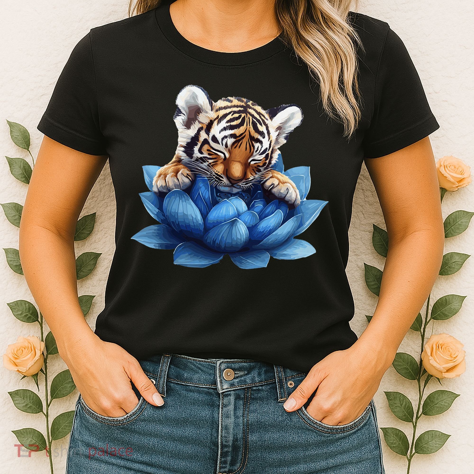 Cute Tiger Cub Blue Lotus Nature Tranquility Women's T-Shirt