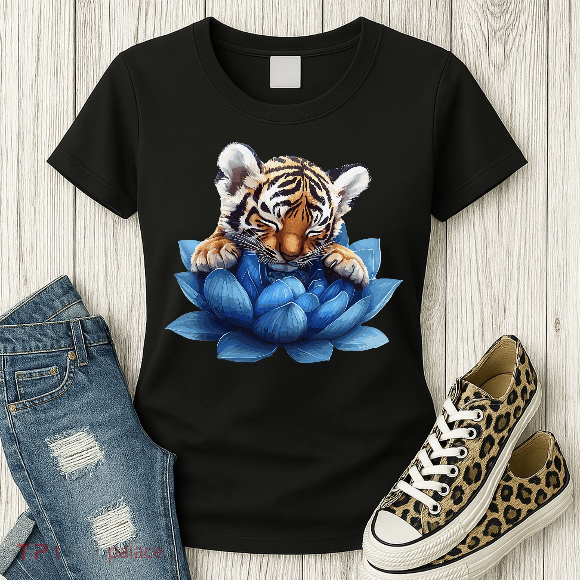 Cute Tiger Cub Blue Lotus Nature Tranquility Women's T-Shirt