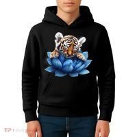 Cute Tiger Cub Blue Lotus Nature Tranquility Kids Hoodie thumb 4