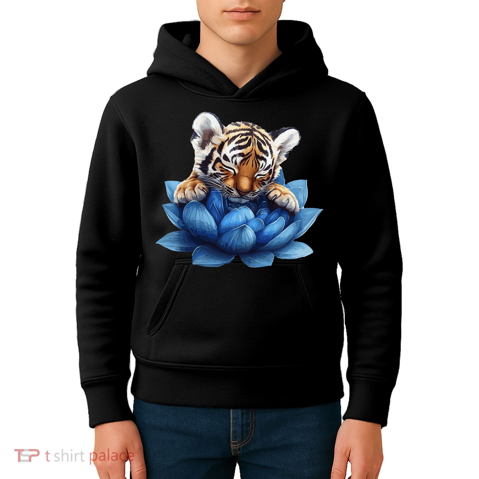 Cute Tiger Cub Blue Lotus Nature Tranquility Kids Hoodie
