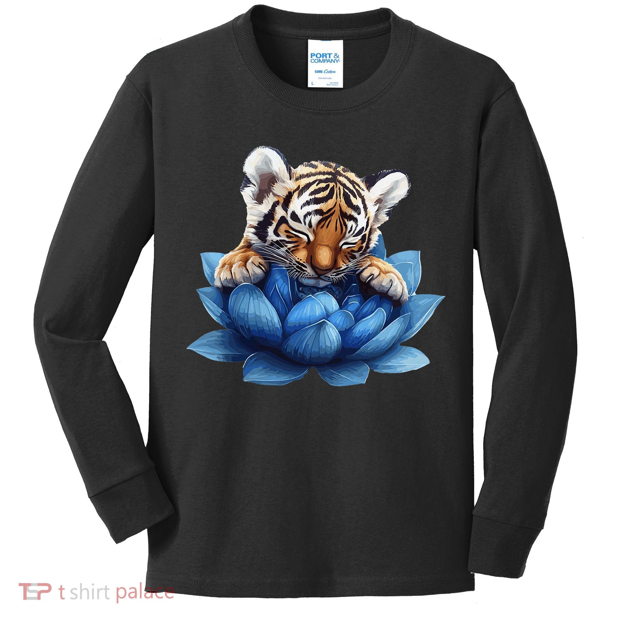 Cute Tiger Cub Blue Lotus Nature Tranquility Kids Long Sleeve Shirt