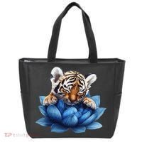 Cute Tiger Cub Blue Lotus Nature Tranquility Tote Bag thumb 0