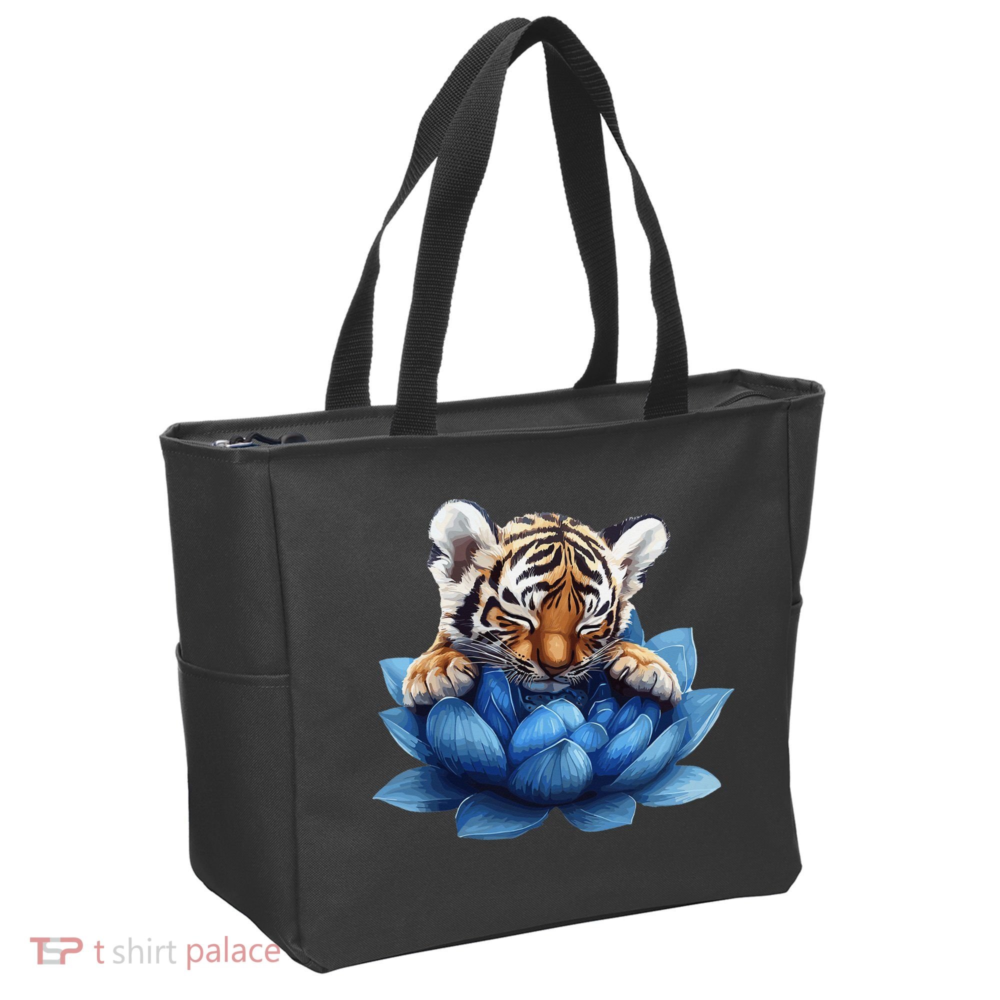 Cute Tiger Cub Blue Lotus Nature Tranquility Tote Bag