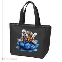 Cute Tiger Cub Blue Lotus Nature Tranquility Tote Bag thumb 3