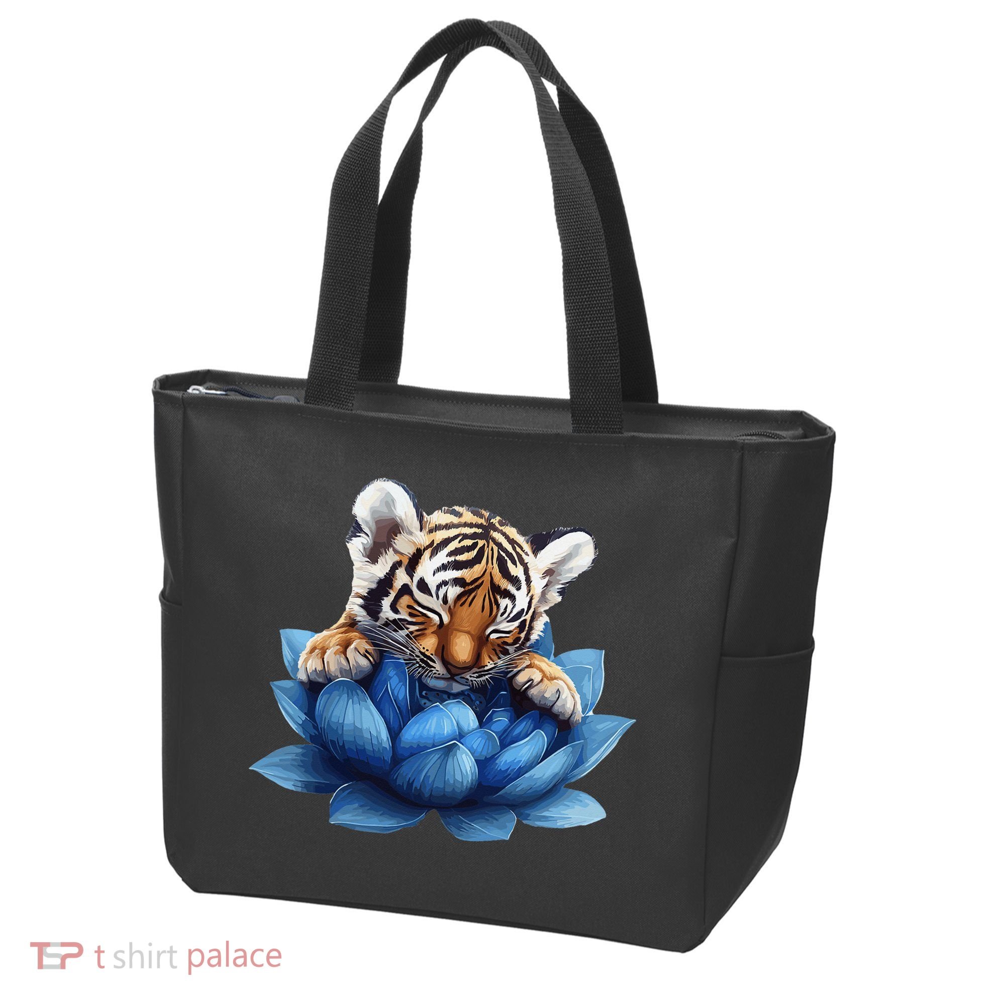 Cute Tiger Cub Blue Lotus Nature Tranquility Tote Bag