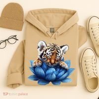 Cute Tiger Cub Blue Lotus Nature Tranquility Hoodie thumb 4
