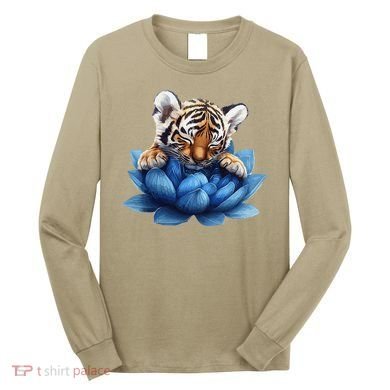 Cute Tiger Cub Blue Lotus Nature Tranquility Long Sleeve Shirt