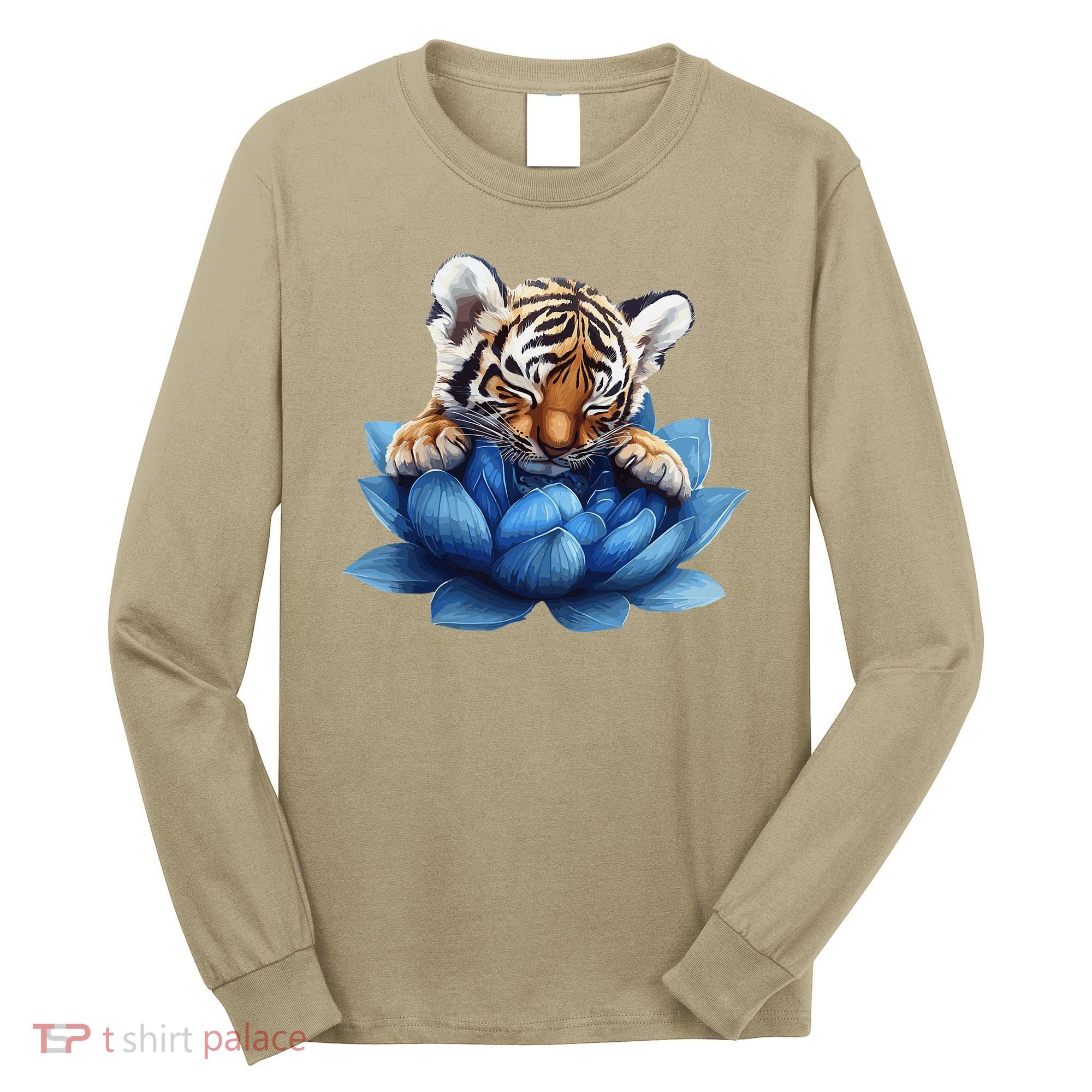 Cute Tiger Cub Blue Lotus Nature Tranquility Long Sleeve Shirt