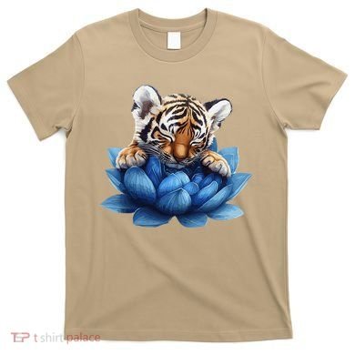 Cute Tiger Cub Blue Lotus Nature Tranquility T-Shirt