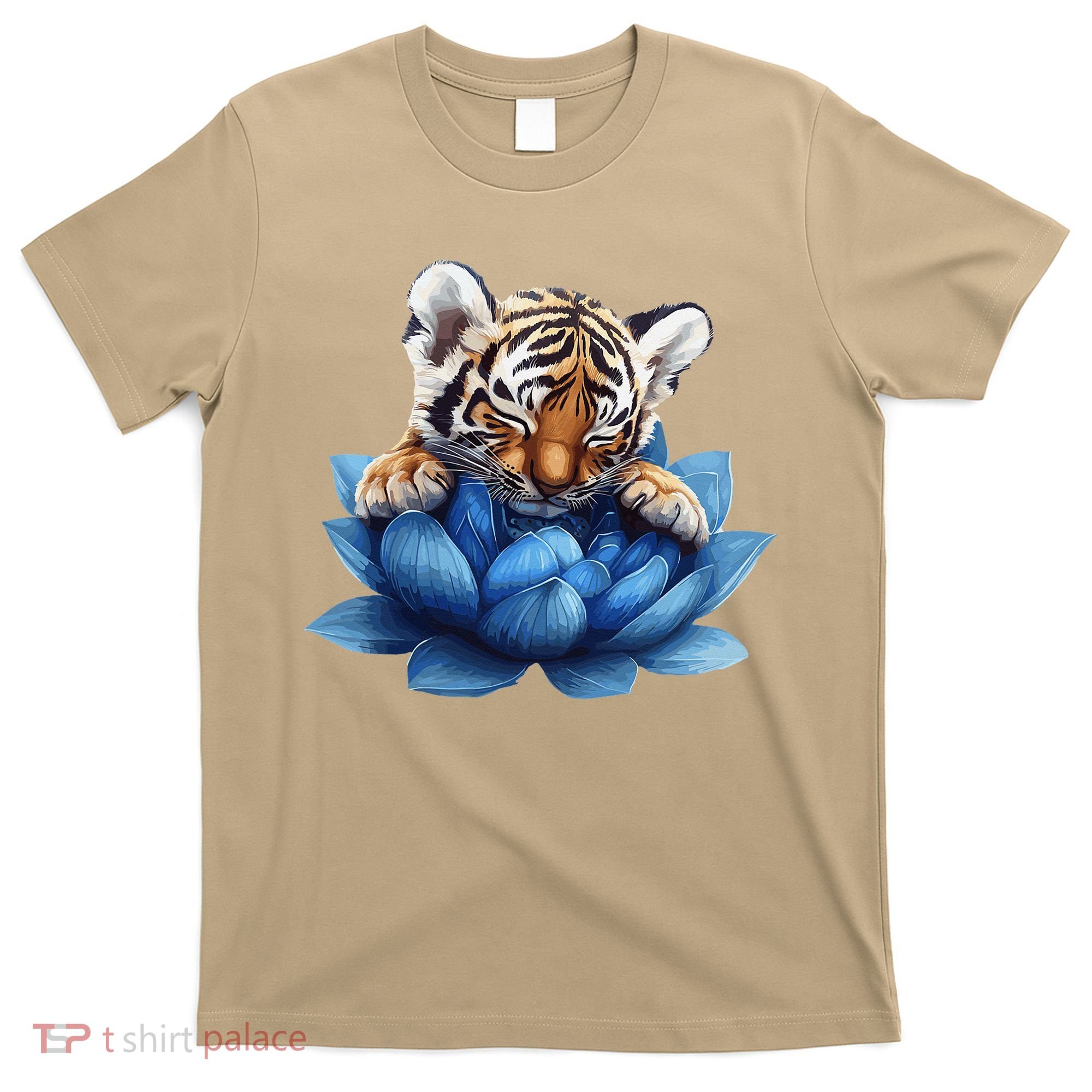 Cute Tiger Cub Blue Lotus Nature Tranquility T-Shirt