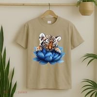 Cute Tiger Cub Blue Lotus Nature Tranquility T-Shirt thumb 2