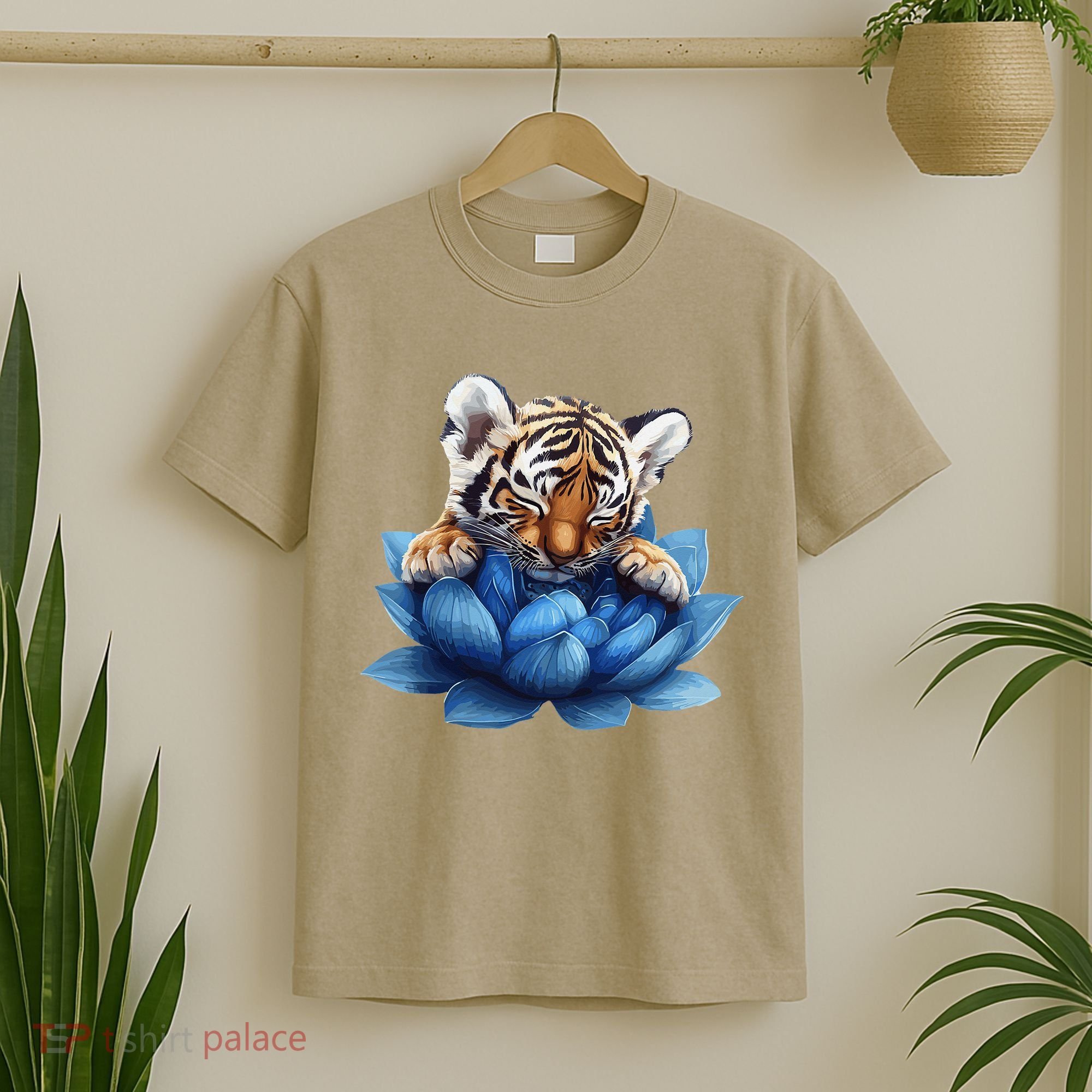Cute Tiger Cub Blue Lotus Nature Tranquility T-Shirt
