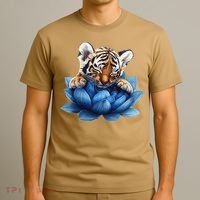 Cute Tiger Cub Blue Lotus Nature Tranquility T-Shirt thumb 3