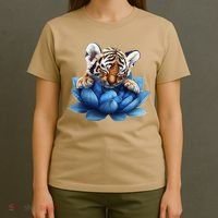 Cute Tiger Cub Blue Lotus Nature Tranquility T-Shirt thumb 4