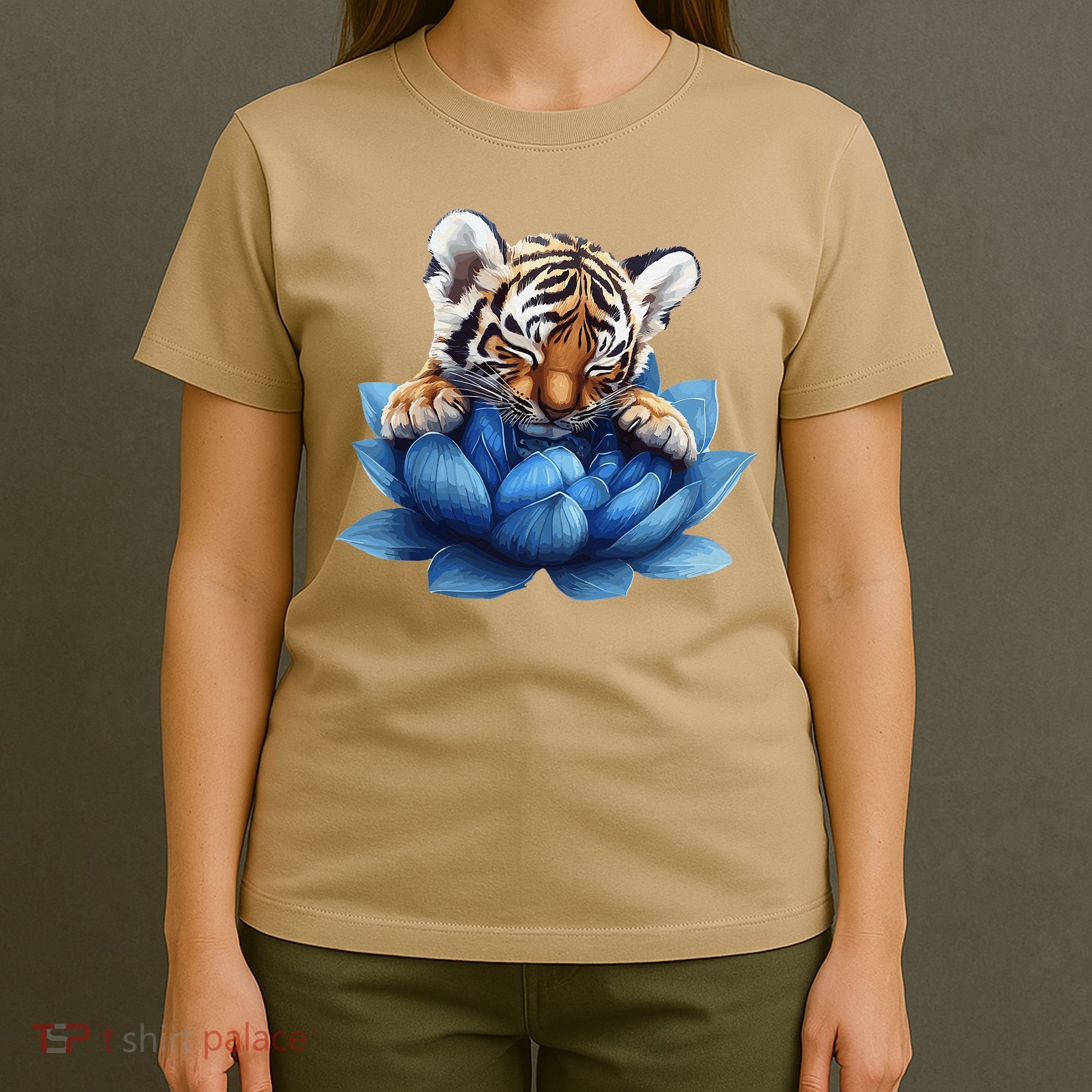 Cute Tiger Cub Blue Lotus Nature Tranquility T-Shirt
