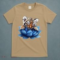 Cute Tiger Cub Blue Lotus Nature Tranquility T-Shirt thumb 5