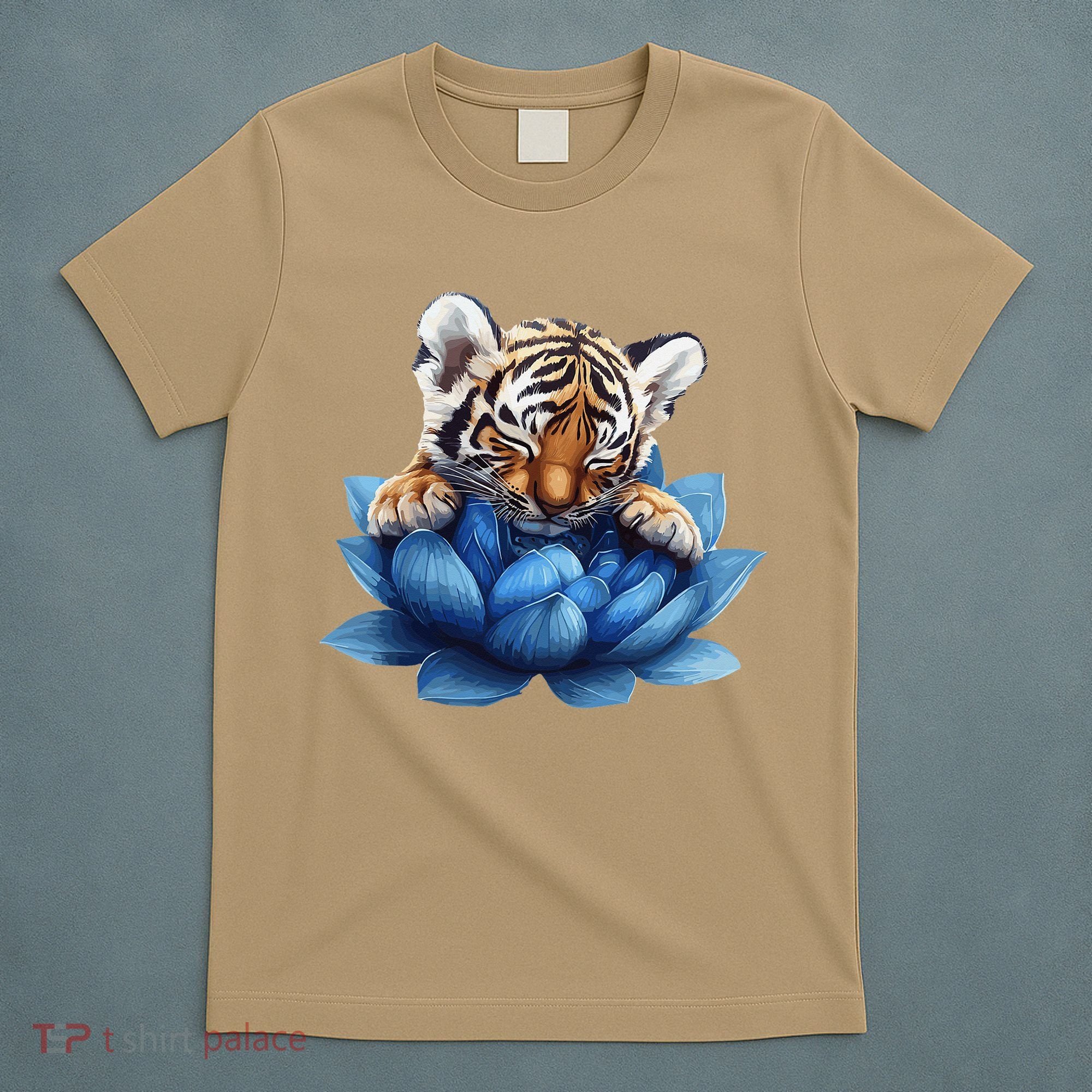 Cute Tiger Cub Blue Lotus Nature Tranquility T-Shirt
